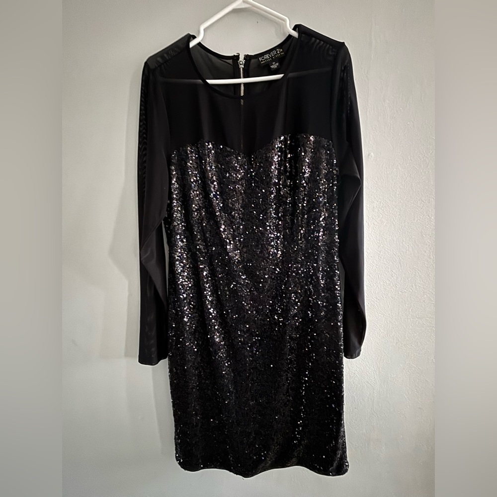 Forever 21 Black Sequin and Mesh Long Sleeve Body Con Mini Short Dress Size 2XL